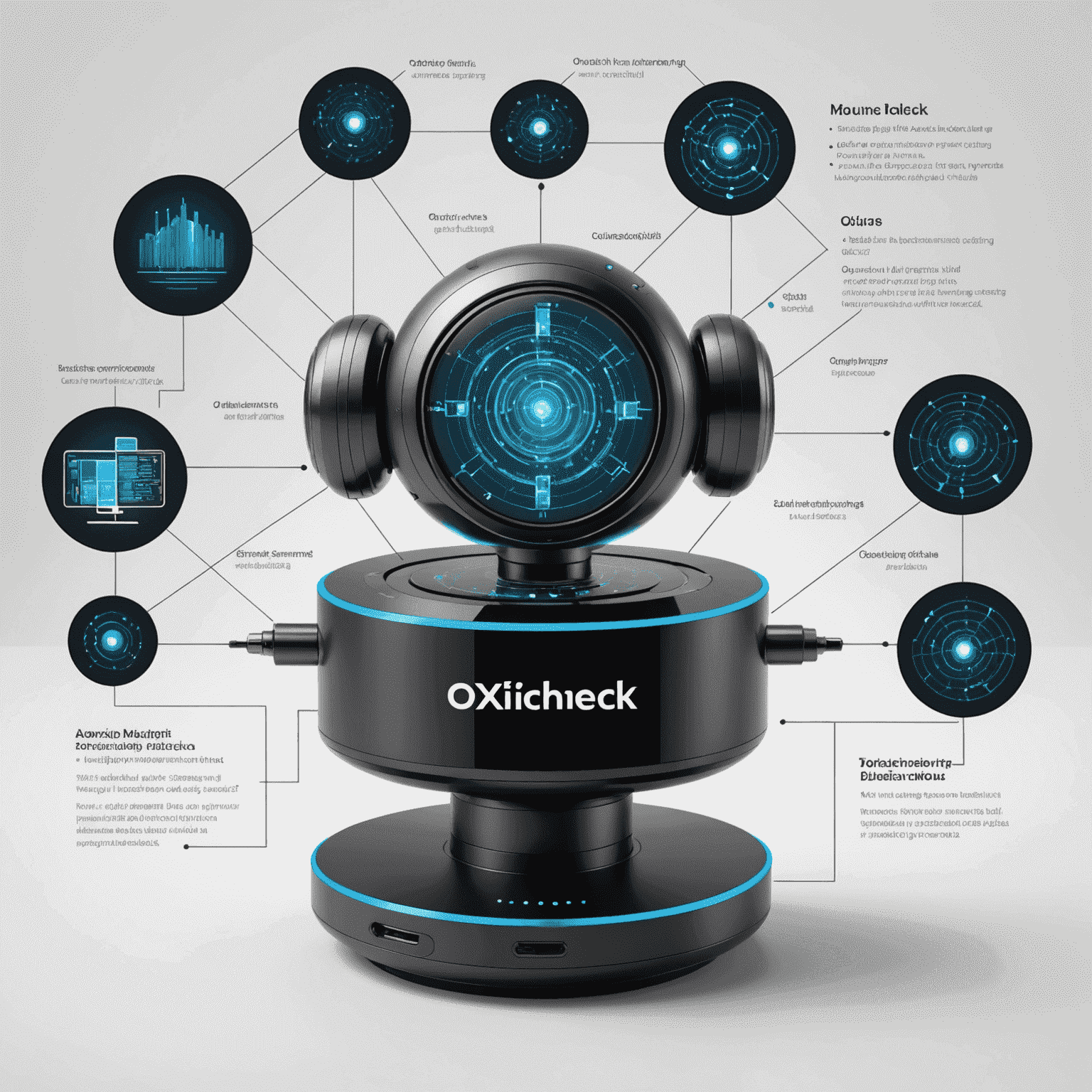 Imagine reprezentând un dispozitiv OxiCheck cu elemente grafice AI suprapuse, arătând fluxul de date și procesarea inteligentă